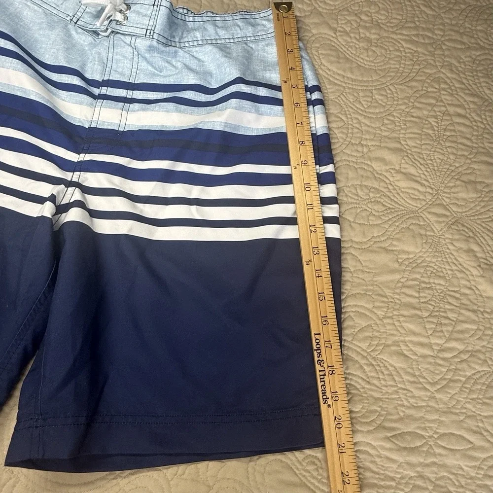 Lands'‎ End Men's Swim Trunks L (36-38) Navy Blue White Striped pockets Lined